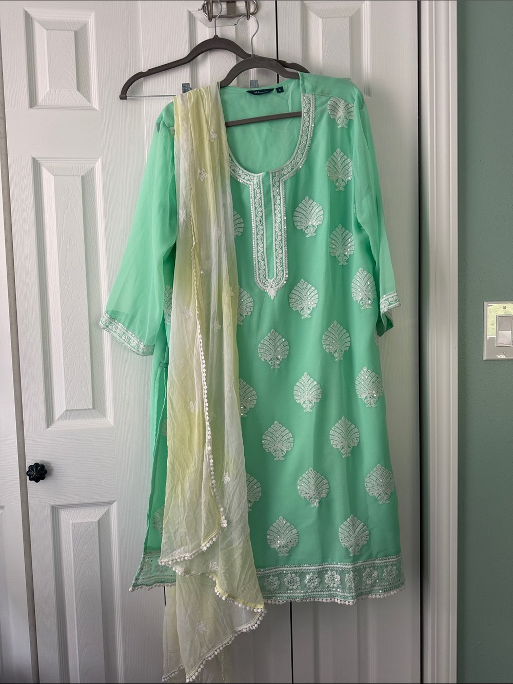 Kurta dress with pants - Mint Green Embroidered Women's Dress with Sheer Dupatta